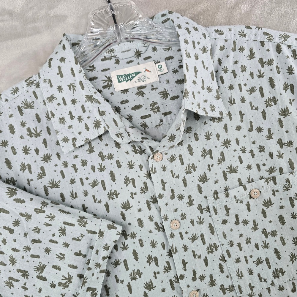 Huckberry Wellen Button Down Shirt Mens Medium Blue Cactus Print Organic Cotton